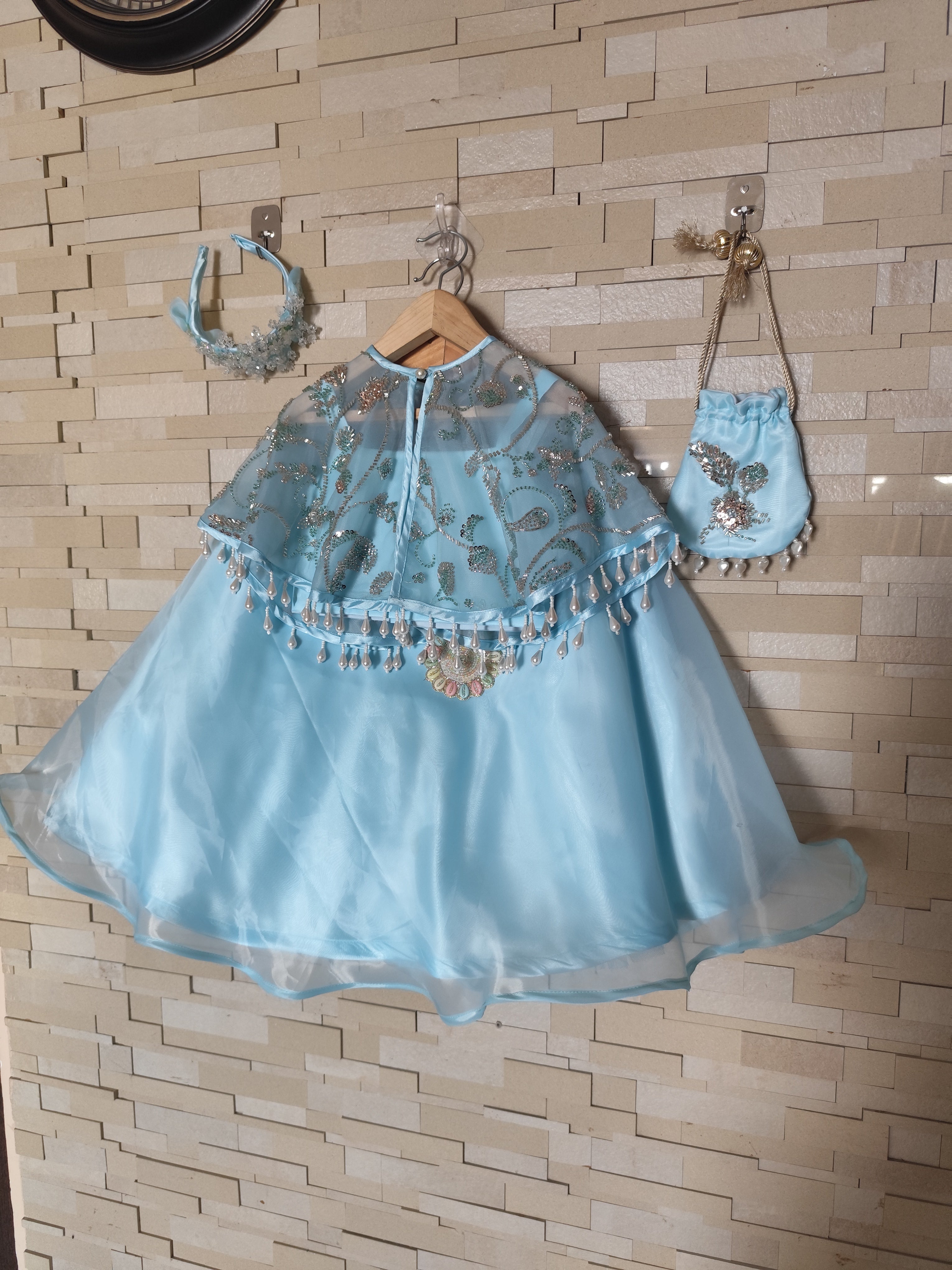 Sky Blue Pearl Blossom Lehenga
